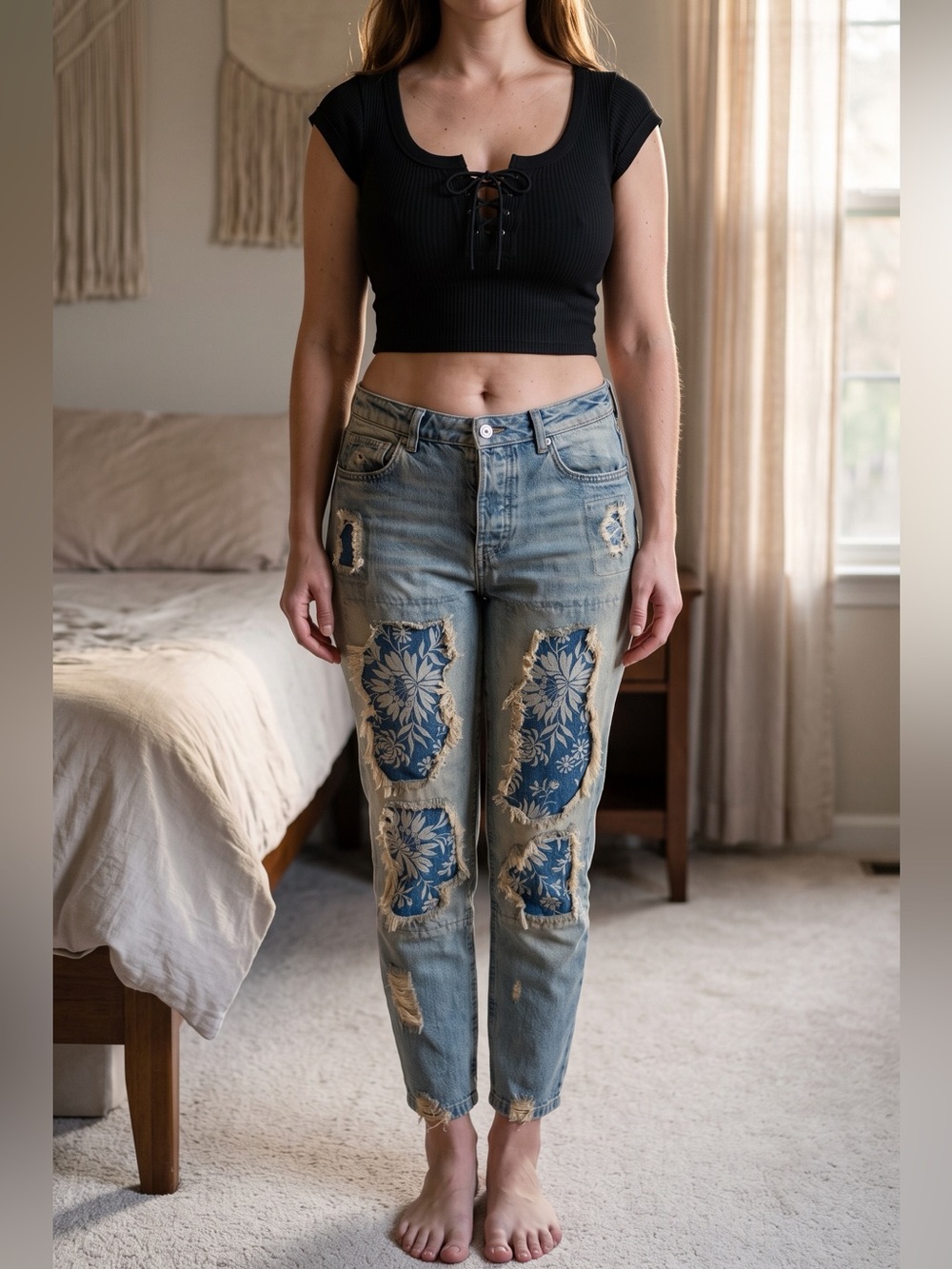 We The Free - Blue Distressed Jeans with Floral Patch Insets - SZ 26